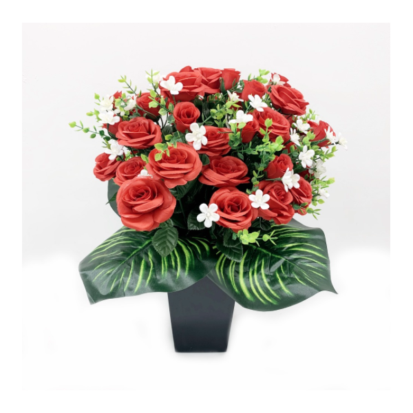 Composition 48 roses rouge H 55cm / Vase plastique imitation marbre noir H 26cm / 3,8kg