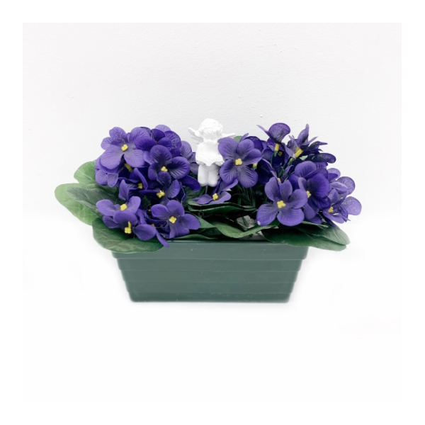 Jardinière violettes et ange H 17cm L 20cm