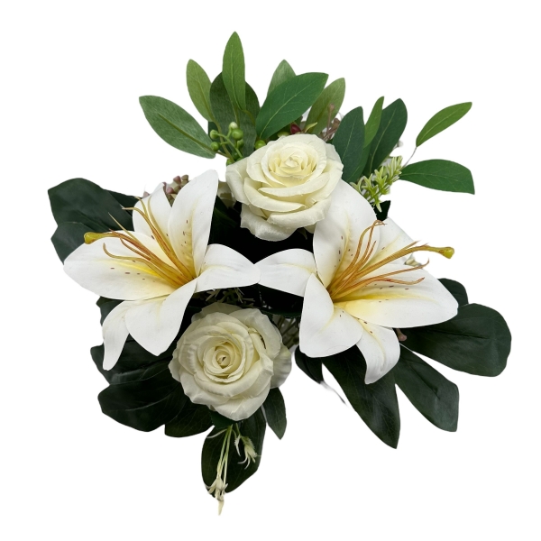Bouquet Roses et Lys touché naturel Blanc / Crème