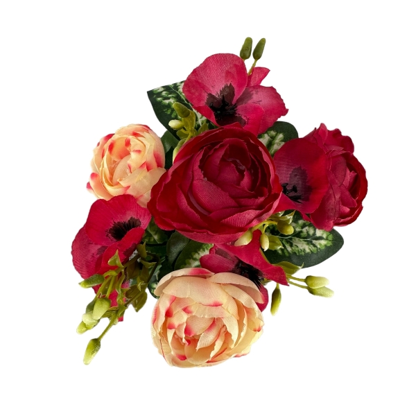 Bouquet de Pensées et Renoncules Rouge / Fuchsia