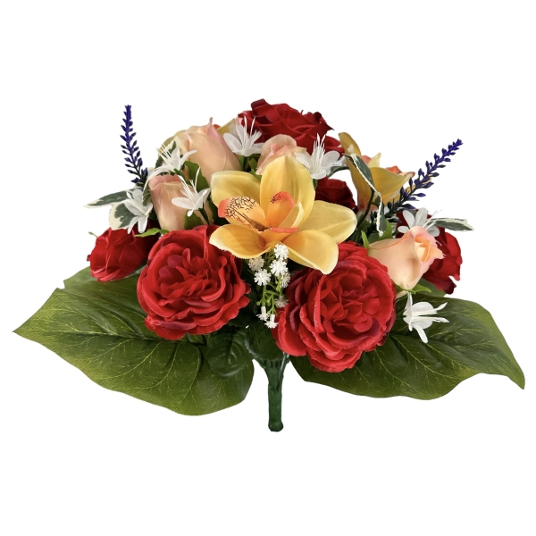 Bouquet Pivoines, Cymbidium et Roses Rouge / Saumon