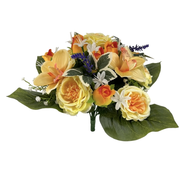 Bouquet Pivoines, Cymbidium et Roses Jaune / Orange