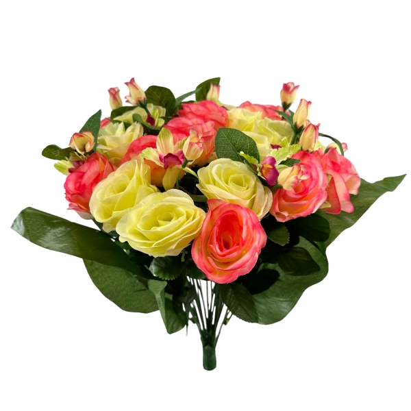 Bouquet x33 Roses et Feuillage Rose / Jaune