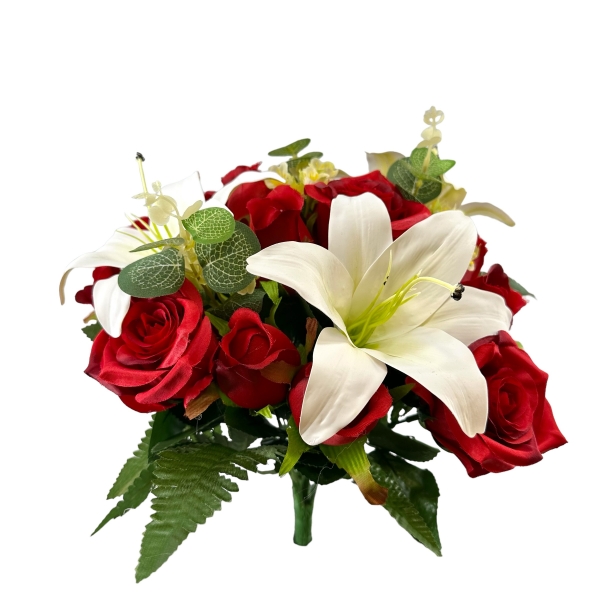 Bouquet Rond de Roses, Boutons de Rose, Lys Tigré et Eucalyptus Rouge