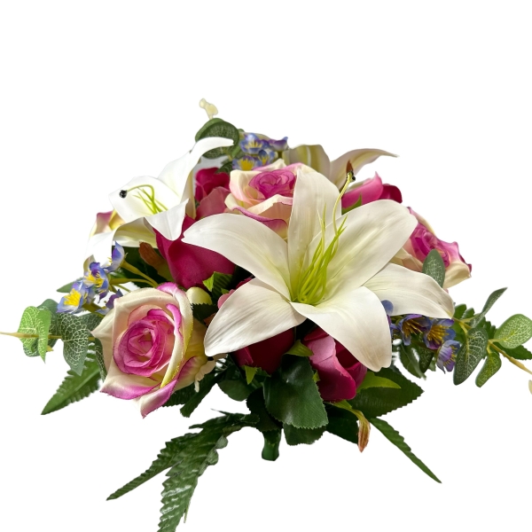 Bouquet Rond de Roses, Boutons de Rose, Lys Tigré et Eucalyptus Fuchsia