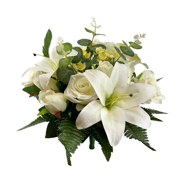 Bouquet Rond de Roses, Boutons de Rose, Lys Tigré et Eucalyptus Blanc