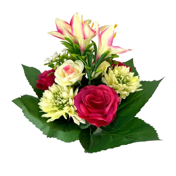 Bouquet Roses, Lys, Zinnias Fuchsia / Crème